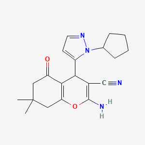 molecular formula C20H24N4O2 B10914479 2-Amino-4-(1-cyclopentyl-1H-pyrazol-5-YL)-7,7-dimethyl-5-oxo-5,6,7,8-tetrahydro-4H-chromen-3-YL cyanide 