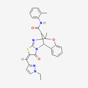 molecular formula C27H25N5O3S B10914526 (2E)-2-[(1-ethyl-1H-pyrazol-3-yl)methylidene]-5-methyl-N-(2-methylphenyl)-1-oxo-1,2-dihydro-5H,11H-5,11-methano[1,3]thiazolo[2,3-d][1,3,5]benzoxadiazocine-13-carboxamide 