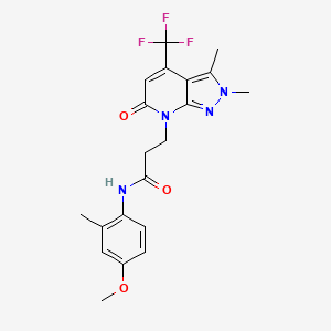 molecular formula C20H21F3N4O3 B10914766 3-[2,3-dimethyl-6-oxo-4-(trifluoromethyl)-2,6-dihydro-7H-pyrazolo[3,4-b]pyridin-7-yl]-N-(4-methoxy-2-methylphenyl)propanamide 