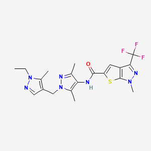 molecular formula C20H22F3N7OS B10914774 N-{1-[(1-ethyl-5-methyl-1H-pyrazol-4-yl)methyl]-3,5-dimethyl-1H-pyrazol-4-yl}-1-methyl-3-(trifluoromethyl)-1H-thieno[2,3-c]pyrazole-5-carboxamide 