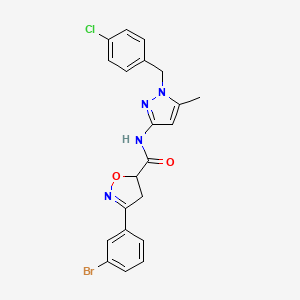 molecular formula C21H18BrClN4O2 B10916429 3-(3-bromophenyl)-N-[1-(4-chlorobenzyl)-5-methyl-1H-pyrazol-3-yl]-4,5-dihydro-1,2-oxazole-5-carboxamide 