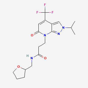 molecular formula C18H23F3N4O3 B10916866 3-[6-oxo-2-(propan-2-yl)-4-(trifluoromethyl)-2,6-dihydro-7H-pyrazolo[3,4-b]pyridin-7-yl]-N-(tetrahydrofuran-2-ylmethyl)propanamide 