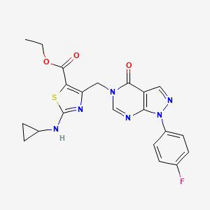 molecular formula C21H19FN6O3S B10917433 ethyl 2-(cyclopropylamino)-4-{[1-(4-fluorophenyl)-4-oxo-1,4-dihydro-5H-pyrazolo[3,4-d]pyrimidin-5-yl]methyl}-1,3-thiazole-5-carboxylate CAS No. 938018-02-1