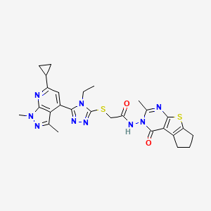 2-{[5-(6-cyclopropyl-1,3-dimethyl-1H-pyrazolo[3,4-b]pyridin-4-yl)-4-ethyl-4H-1,2,4-triazol-3-yl]sulfanyl}-N-(2-methyl-4-oxo-6,7-dihydro-4H-cyclopenta[4,5]thieno[2,3-d]pyrimidin-3(5H)-yl)acetamide