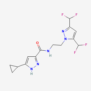 molecular formula C14H15F4N5O B10917696 N-{2-[3,5-bis(difluoromethyl)-1H-pyrazol-1-yl]ethyl}-5-cyclopropyl-1H-pyrazole-3-carboxamide 