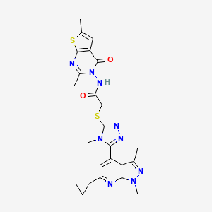 molecular formula C24H25N9O2S2 B10918009 2-{[5-(6-cyclopropyl-1,3-dimethyl-1H-pyrazolo[3,4-b]pyridin-4-yl)-4-methyl-4H-1,2,4-triazol-3-yl]sulfanyl}-N-(2,6-dimethyl-4-oxothieno[2,3-d]pyrimidin-3(4H)-yl)acetamide 