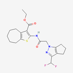 molecular formula C21H25F2N3O3S B10918177 ethyl 2-({[3-(difluoromethyl)-5,6-dihydrocyclopenta[c]pyrazol-1(4H)-yl]acetyl}amino)-5,6,7,8-tetrahydro-4H-cyclohepta[b]thiophene-3-carboxylate 