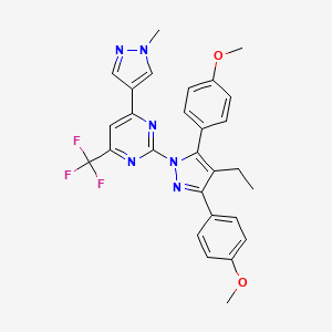 molecular formula C28H25F3N6O2 B10918429 2-[4-ethyl-3,5-bis(4-methoxyphenyl)-1H-pyrazol-1-yl]-4-(1-methyl-1H-pyrazol-4-yl)-6-(trifluoromethyl)pyrimidine CAS No. 1006340-72-2