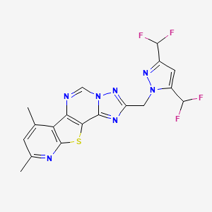 molecular formula C18H13F4N7S B10918512 4-[[3,5-bis(difluoromethyl)pyrazol-1-yl]methyl]-11,13-dimethyl-16-thia-3,5,6,8,14-pentazatetracyclo[7.7.0.02,6.010,15]hexadeca-1(9),2,4,7,10(15),11,13-heptaene 