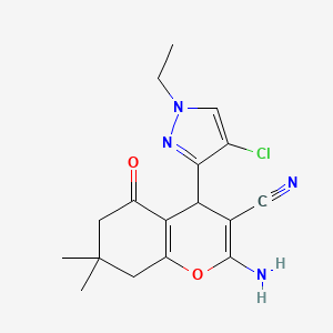 molecular formula C17H19ClN4O2 B10918554 2-Amino-4-(4-chloro-1-ethyl-1H-pyrazol-3-YL)-7,7-dimethyl-5-oxo-5,6,7,8-tetrahydro-4H-chromen-3-YL cyanide 