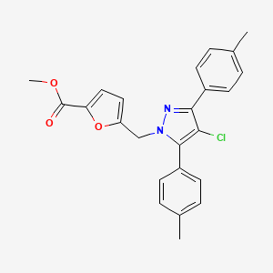 molecular formula C24H21ClN2O3 B10918721 methyl 5-{[4-chloro-3,5-bis(4-methylphenyl)-1H-pyrazol-1-yl]methyl}furan-2-carboxylate 