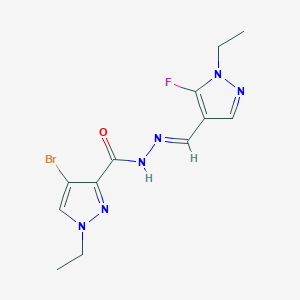 molecular formula C12H14BrFN6O B10919273 4-Bromo-1-ethyl-N'-((1-ethyl-5-fluoro-1H-pyrazol-4-yl)methylene)-1H-pyrazole-3-carbohydrazide 