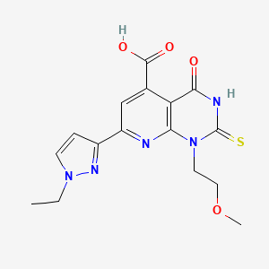 molecular formula C16H17N5O4S B10919295 7-(1-ethyl-1H-pyrazol-3-yl)-1-(2-methoxyethyl)-4-oxo-2-sulfanyl-1,4-dihydropyrido[2,3-d]pyrimidine-5-carboxylic acid 