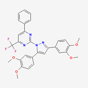 molecular formula C30H25F3N4O4 B10919343 2-[3,5-bis(3,4-dimethoxyphenyl)-1H-pyrazol-1-yl]-4-phenyl-6-(trifluoromethyl)pyrimidine 