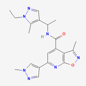 molecular formula C20H23N7O2 B10919420 N-[1-(1-ethyl-5-methyl-1H-pyrazol-4-yl)ethyl]-3-methyl-6-(1-methyl-1H-pyrazol-4-yl)[1,2]oxazolo[5,4-b]pyridine-4-carboxamide 