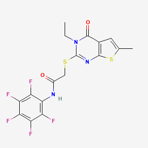 molecular formula C17H12F5N3O2S2 B10919661 2-[(3-ethyl-6-methyl-4-oxo-3,4-dihydrothieno[2,3-d]pyrimidin-2-yl)sulfanyl]-N-(pentafluorophenyl)acetamide 