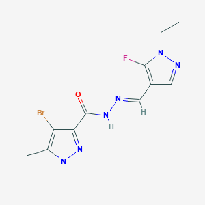 molecular formula C12H14BrFN6O B10919685 4-Bromo-N'-((1-ethyl-5-fluoro-1H-pyrazol-4-yl)methylene)-1,5-dimethyl-1H-pyrazole-3-carbohydrazide 