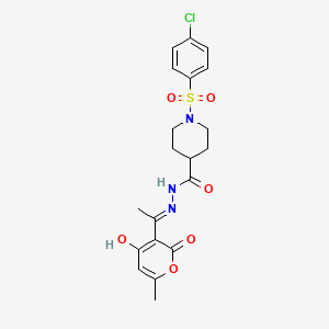 molecular formula C20H22ClN3O6S B10919811 1-[(4-chlorophenyl)sulfonyl]-N'-[(1E)-1-(6-methyl-2,4-dioxo-2H-pyran-3(4H)-ylidene)ethyl]piperidine-4-carbohydrazide 