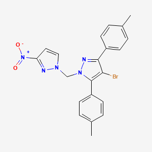 molecular formula C21H18BrN5O2 B10920101 4-bromo-3,5-bis(4-methylphenyl)-1-[(3-nitro-1H-pyrazol-1-yl)methyl]-1H-pyrazole 