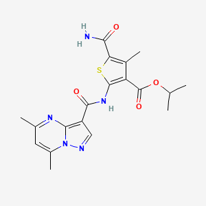 molecular formula C19H21N5O4S B10920255 Propan-2-yl 5-carbamoyl-2-{[(5,7-dimethylpyrazolo[1,5-a]pyrimidin-3-yl)carbonyl]amino}-4-methylthiophene-3-carboxylate 