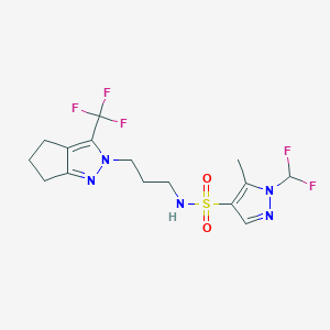 molecular formula C15H18F5N5O2S B10920393 1-(difluoromethyl)-5-methyl-N-{3-[3-(trifluoromethyl)-5,6-dihydrocyclopenta[c]pyrazol-2(4H)-yl]propyl}-1H-pyrazole-4-sulfonamide 