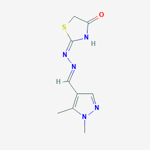 molecular formula C9H11N5OS B10921354 (2E)-2-{(2E)-[(1,5-dimethyl-1H-pyrazol-4-yl)methylidene]hydrazinylidene}-1,3-thiazolidin-4-one 