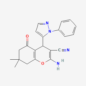 molecular formula C21H20N4O2 B10921380 2-Amino-7,7-dimethyl-5-oxo-4-(1-phenyl-1H-pyrazol-5-yl)-5,6,7,8-tetrahydro-4H-chromene-3-carbonitrile 