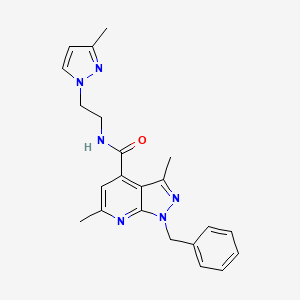 molecular formula C22H24N6O B10921561 1-benzyl-3,6-dimethyl-N-[2-(3-methyl-1H-pyrazol-1-yl)ethyl]-1H-pyrazolo[3,4-b]pyridine-4-carboxamide 