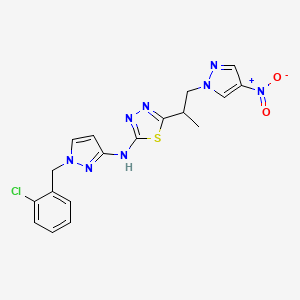 molecular formula C18H17ClN8O2S B10922188 N-[1-(2-chlorobenzyl)-1H-pyrazol-3-yl]-5-[1-(4-nitro-1H-pyrazol-1-yl)propan-2-yl]-1,3,4-thiadiazol-2-amine 