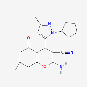 molecular formula C21H26N4O2 B10922469 2-Amino-4-(1-cyclopentyl-3-methyl-1H-pyrazol-5-yl)-7,7-dimethyl-5-oxo-5,6,7,8-tetrahydro-4H-chromene-3-carbonitrile 