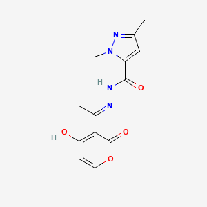 molecular formula C14H16N4O4 B10922498 1,3-dimethyl-N'-[(1E)-1-(6-methyl-2,4-dioxo-2H-pyran-3(4H)-ylidene)ethyl]-1H-pyrazole-5-carbohydrazide 