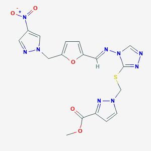 methyl 1-{[(4-{[(E)-{5-[(4-nitro-1H-pyrazol-1-yl)methyl]furan-2-yl}methylidene]amino}-4H-1,2,4-triazol-3-yl)sulfanyl]methyl}-1H-pyrazole-3-carboxylate