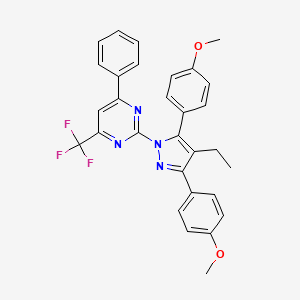 molecular formula C30H25F3N4O2 B10922598 2-[4-ethyl-3,5-bis(4-methoxyphenyl)-1H-pyrazol-1-yl]-4-phenyl-6-(trifluoromethyl)pyrimidine 