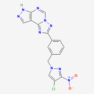 molecular formula C16H10ClN9O2 B10922599 2-{3-[(4-chloro-3-nitro-1H-pyrazol-1-yl)methyl]phenyl}-7H-pyrazolo[4,3-e][1,2,4]triazolo[1,5-c]pyrimidine 