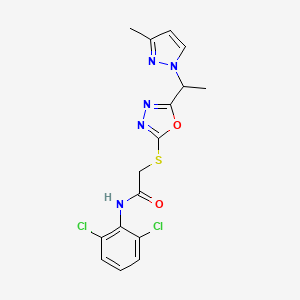 molecular formula C16H15Cl2N5O2S B10922801 N-(2,6-dichlorophenyl)-2-({5-[1-(3-methyl-1H-pyrazol-1-yl)ethyl]-1,3,4-oxadiazol-2-yl}sulfanyl)acetamide 