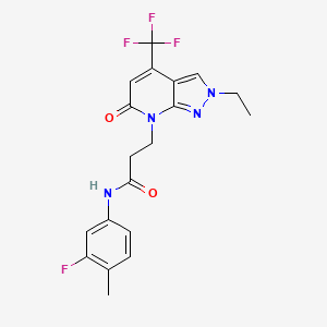 molecular formula C19H18F4N4O2 B10923105 3-[2-ethyl-6-oxo-4-(trifluoromethyl)-2,6-dihydro-7H-pyrazolo[3,4-b]pyridin-7-yl]-N-(3-fluoro-4-methylphenyl)propanamide 