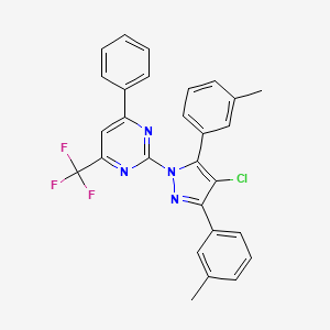 molecular formula C28H20ClF3N4 B10923240 2-[4-chloro-3,5-bis(3-methylphenyl)-1H-pyrazol-1-yl]-4-phenyl-6-(trifluoromethyl)pyrimidine 