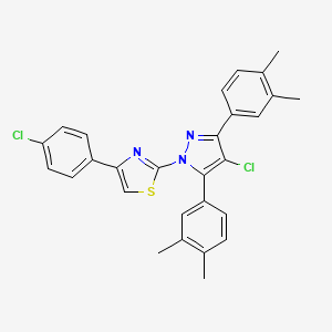 molecular formula C28H23Cl2N3S B10923267 2-[4-chloro-3,5-bis(3,4-dimethylphenyl)-1H-pyrazol-1-yl]-4-(4-chlorophenyl)-1,3-thiazole 