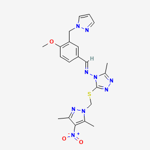 molecular formula C21H23N9O3S B10923310 3-{[(3,5-dimethyl-4-nitro-1H-pyrazol-1-yl)methyl]sulfanyl}-N-{(E)-[4-methoxy-3-(1H-pyrazol-1-ylmethyl)phenyl]methylidene}-5-methyl-4H-1,2,4-triazol-4-amine 