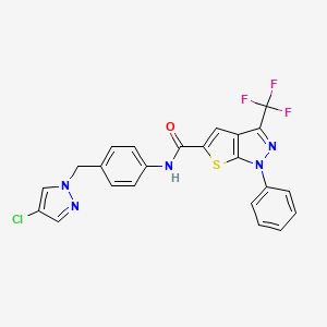 molecular formula C23H15ClF3N5OS B10923335 N-{4-[(4-chloro-1H-pyrazol-1-yl)methyl]phenyl}-1-phenyl-3-(trifluoromethyl)-1H-thieno[2,3-c]pyrazole-5-carboxamide 