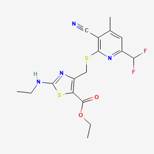 molecular formula C17H18F2N4O2S2 B10923480 Ethyl 4-({[3-cyano-6-(difluoromethyl)-4-methylpyridin-2-yl]sulfanyl}methyl)-2-(ethylamino)-1,3-thiazole-5-carboxylate 