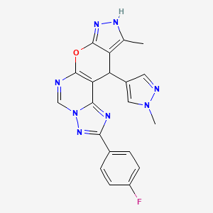 molecular formula C20H15FN8O B10923486 4-(4-fluorophenyl)-14-methyl-16-(1-methylpyrazol-4-yl)-10-oxa-3,5,6,8,12,13-hexazatetracyclo[7.7.0.02,6.011,15]hexadeca-1(9),2,4,7,11,14-hexaene 