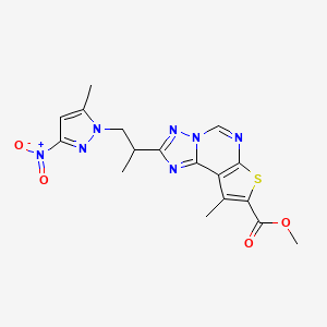 molecular formula C17H17N7O4S B10923860 Methyl 9-methyl-2-[1-methyl-2-(5-methyl-3-nitro-1H-pyrazol-1-YL)ethyl]thieno[3,2-E][1,2,4]triazolo[1,5-C]pyrimidine-8-carboxylate 