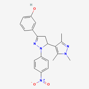 molecular formula C21H21N5O3 B10923934 3-[1-(4-Nitrophenyl)-5-(1,3,5-trimethyl-1H-pyrazol-4-YL)-4,5-dihydro-1H-pyrazol-3-YL]phenol 