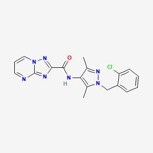 molecular formula C18H16ClN7O B10924313 N-[1-[(2-chlorophenyl)methyl]-3,5-dimethyl-4-pyrazolyl]-[1,2,4]triazolo[1,5-a]pyrimidine-2-carboxamide 