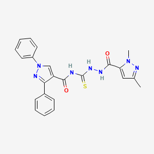 molecular formula C23H21N7O2S B10924351 N-({2-[(1,3-dimethyl-1H-pyrazol-5-yl)carbonyl]hydrazinyl}carbonothioyl)-1,3-diphenyl-1H-pyrazole-4-carboxamide 