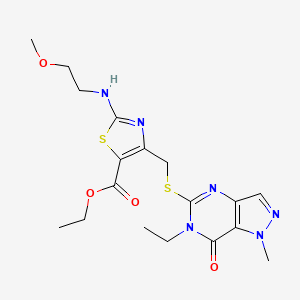 molecular formula C18H24N6O4S2 B10924358 ethyl 4-{[(6-ethyl-1-methyl-7-oxo-6,7-dihydro-1H-pyrazolo[4,3-d]pyrimidin-5-yl)sulfanyl]methyl}-2-[(2-methoxyethyl)amino]-1,3-thiazole-5-carboxylate 