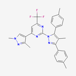 molecular formula C28H25F3N6 B10924359 4-(1,3-dimethyl-1H-pyrazol-4-yl)-2-[4-methyl-3,5-bis(4-methylphenyl)-1H-pyrazol-1-yl]-6-(trifluoromethyl)pyrimidine 