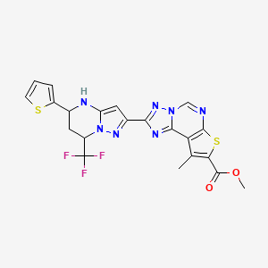 molecular formula C21H16F3N7O2S2 B10924638 Methyl 9-methyl-2-[5-(thiophen-2-yl)-7-(trifluoromethyl)-4,5,6,7-tetrahydropyrazolo[1,5-a]pyrimidin-2-yl]thieno[3,2-e][1,2,4]triazolo[1,5-c]pyrimidine-8-carboxylate 