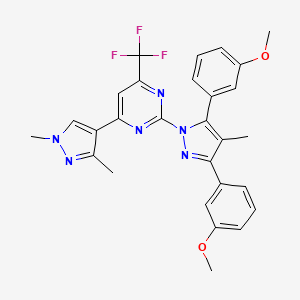 molecular formula C28H25F3N6O2 B10924660 2-[3,5-bis(3-methoxyphenyl)-4-methyl-1H-pyrazol-1-yl]-4-(1,3-dimethyl-1H-pyrazol-4-yl)-6-(trifluoromethyl)pyrimidine 